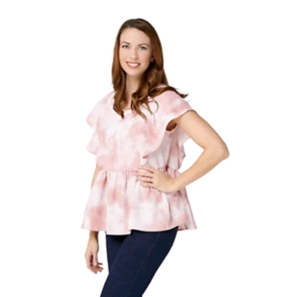 Du Jour Lg White and Gray Tie Dye Square Ruffled Neckline Swing Hem Nwot Blous - Picture 9 of 10